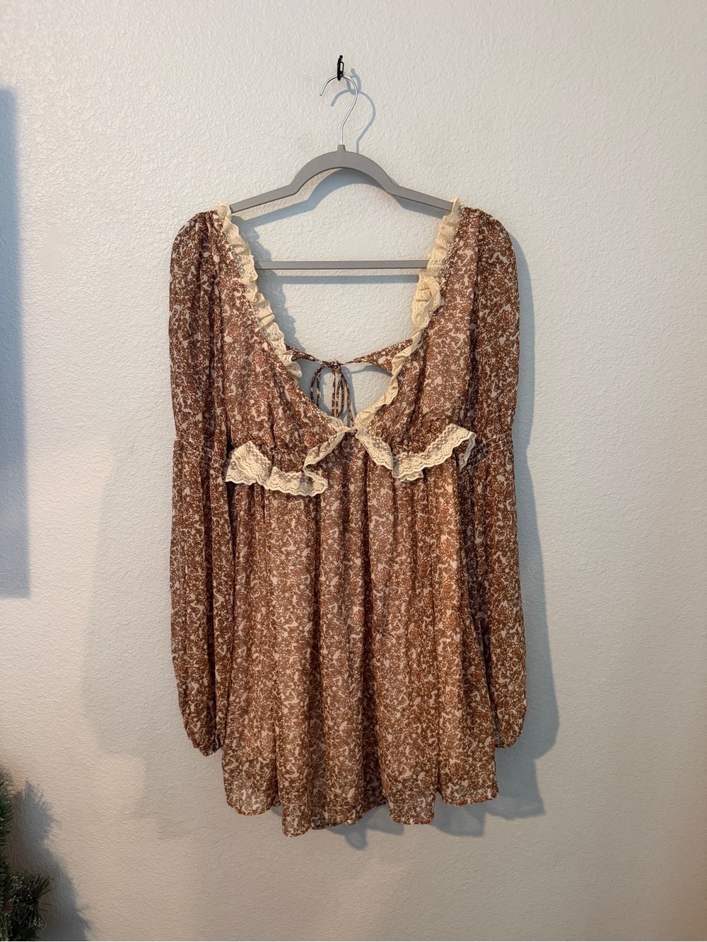 Free People Brown Floral Lace-Trim Mini Dress